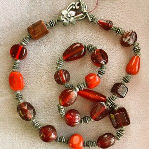 Red Glass & Pewter Necklace with Floral Toggle Clasp  23-1/2"